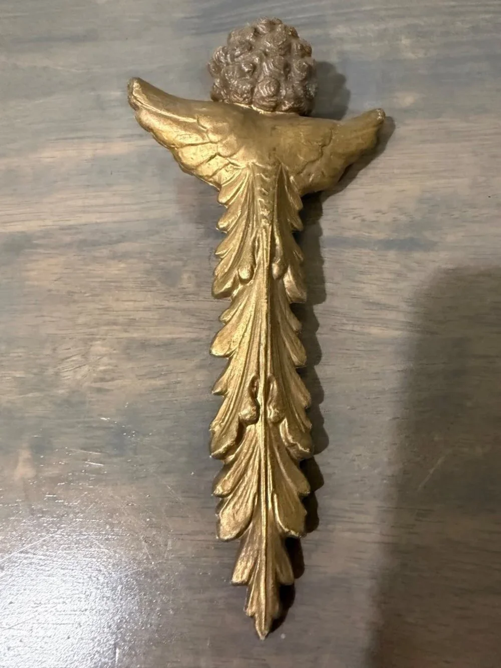Vintage Angel Cherub Face Winged Cross Ornament Plastic Gold Tone 9